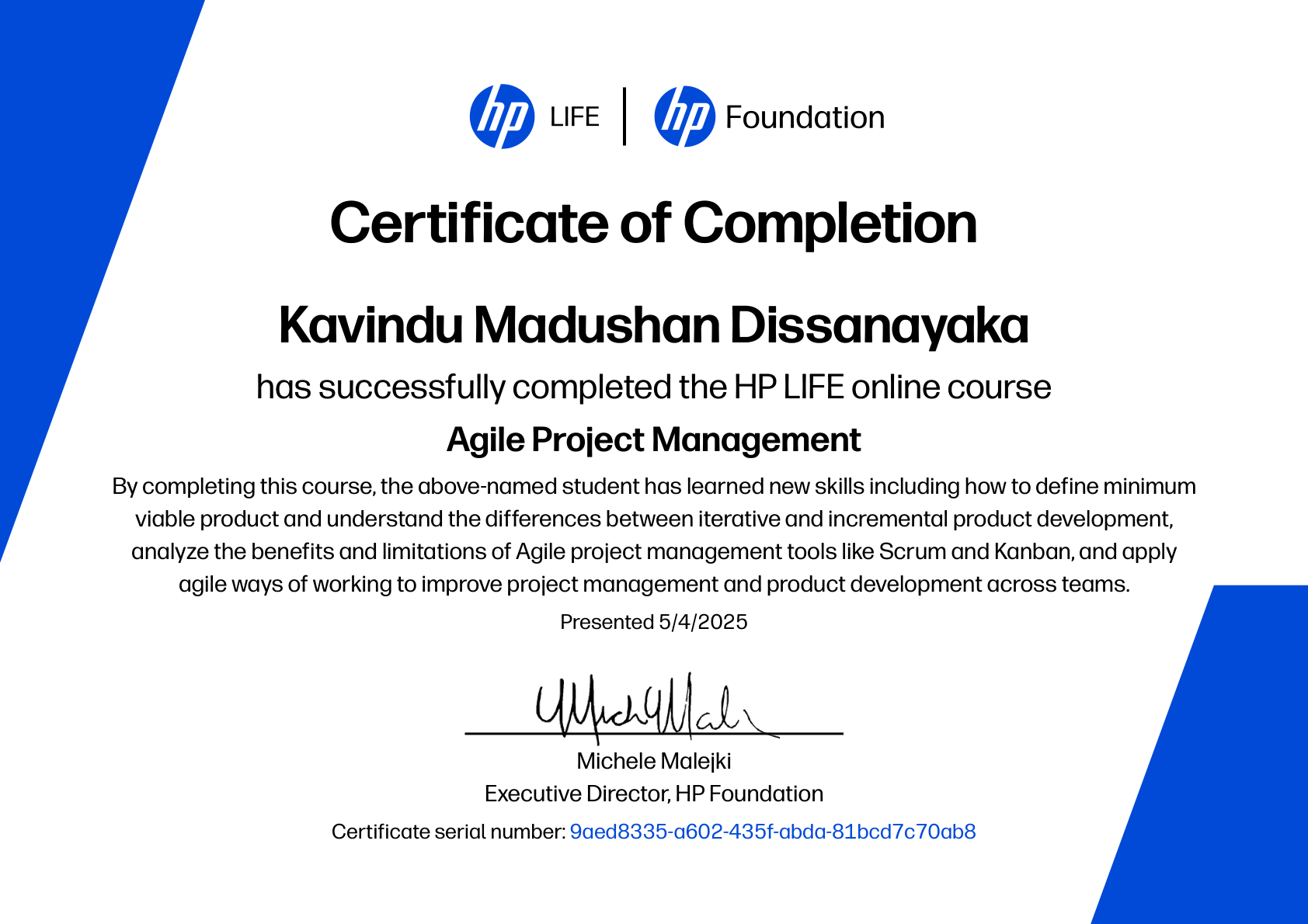HP LIFE Agile Project Management Certificate